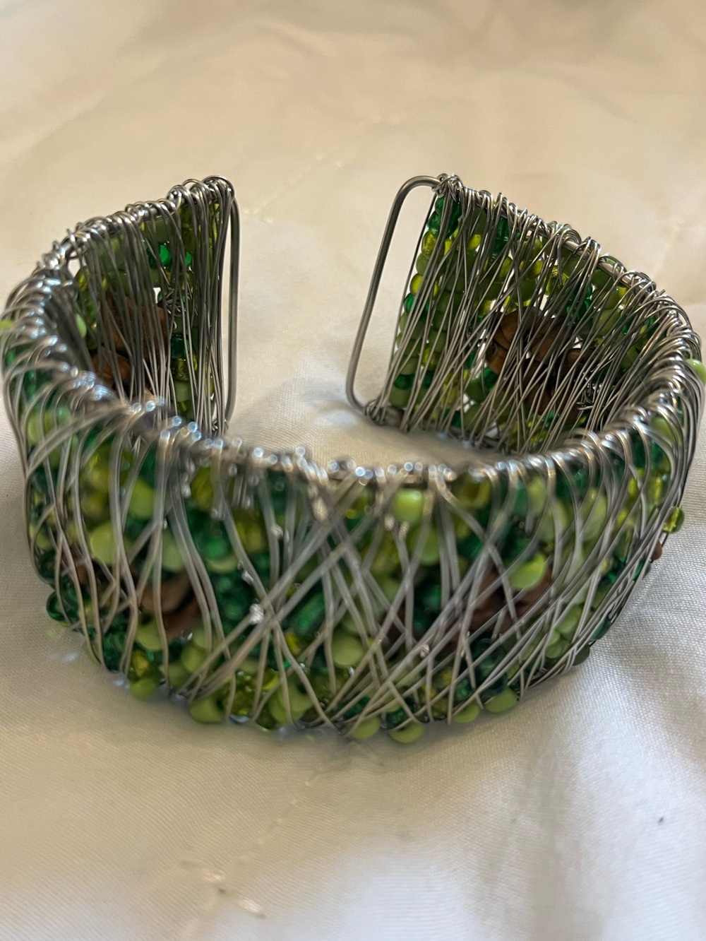 Green Beaded Wire Wrap Cuff Bracelet
